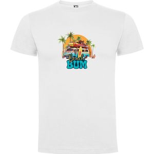Zwart T-Shirt met Kleurrijke print “ Beach / Strand Camper met Surfplank en Palmbomen - Feest “ Print Full Color Maat S