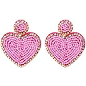 Beaded heart roze strass oorbellen- beaded - kralen - statement - oorbellen - earrings - koraal - hart - waterproof - stainless steel - nikkel vrij - gold plated