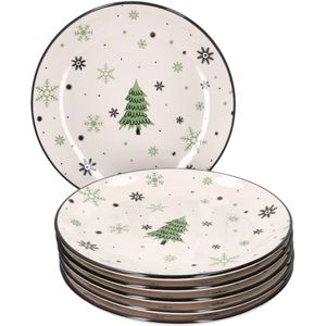 Set van 6 - Dinerborden - Groene Kerstboom - Steengoed