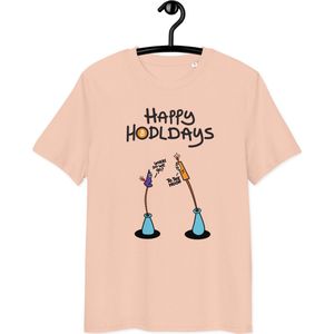 Bitcoin T-shirt - Happy Hodldays - Unisex - 100% Biologisch Katoen - Zalm Roze - Maat S | By BitPopArt | Bitcoin cadeau| Bitcoin T-shirt | Bitcoin Shirt| Bitcoin Merch| Bitcoin Kleding| Crypto Kleding