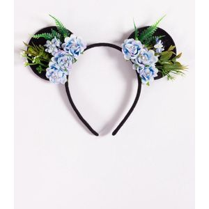 KIMU Haarband Mouse Oortjes Bloemetjes Blauw Strass Steentjes - Diamantjes Bloemen Bloemenkrans Oren Minnie Bruidsmeisje - Diadeem Muis Minny - Zwarte Oortjes Micky Festival