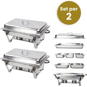 Alora Chafing Dish Chrome 6 bakken per 2 - Voedsel Verwamer - Voedsel Warmhouden - met Deksel - Buffetwarmer - Roestvrij Staal - Warmhoudplaat - Bain Maria - Warmhoudbakken - Warmhoudschalen