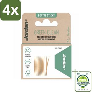 Jordan - Tandenstokers - Green Clean - 100 Stokers - Voordeelverpakking - 4 stuks - Tandenstokers - Duurzame tandenstokers