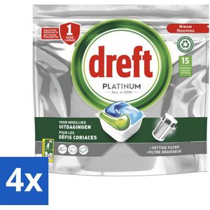 4 x Dreft - Platinum All In One - Vaatwascapsules - Voor Moeilijke Uitdagingen - 15 Capsules - Vaatwascapsules - Vaatwasser Capsules - Ultra Krachtige Reiniging - Filter Reiniging - Hardnekkige Vlekken