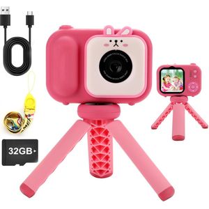 Taajirun - Kindercamera met statief - voor meisjes en jongens van 3 tot 12 jaar - Digitale videocamera voor kinderen om te vloggen - 2,4"" scherm draagbare selfiecamera voor kinderen - met 32GB SD-kaart - Kindercamera voor verjaardag - Roze