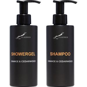 Douchepakket Sweet Orange & Cedarwood - Showergel + Shampoo - 300 ml per fles - Claudius Cosmetics - bodycare - luxe fles - set van 2 stuks - Cadeau
