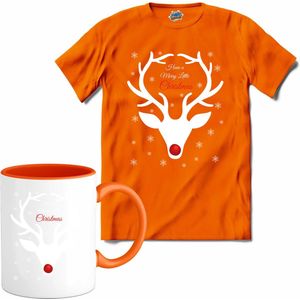 Merry Christmas kerst hert - T-Shirt met mok - Meisjes - Oranje - Maat 12 jaar