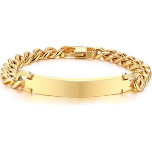 Herdenking geschenk armband Goud kleur RVS brede schakels met graveer naamplaat. App / email voor gravure wensen.