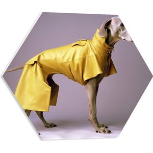 PVC Schuimplaat Hexagon - Zijaanzicht van Duitse Dog Hond in Gele Regenjas - 50x43.5 cm Foto op Hexagon (Met Ophangsysteem)