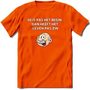 50 is pas het begin T-Shirt | Grappig Abraham 50 Jaar Verjaardag Kleding Cadeau | Dames – Heren - Oranje - 3XL