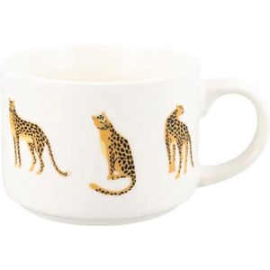 Stapelbare koffiemok luipaard dier print ZULU - Lichtbruin / Wit / Zwart - Keramiek - ⌀ 9 x h 6,5 cm - Set van 2 - Drinkbeker - Beker - Mok - Theemok - Koffiebeker - Drinken