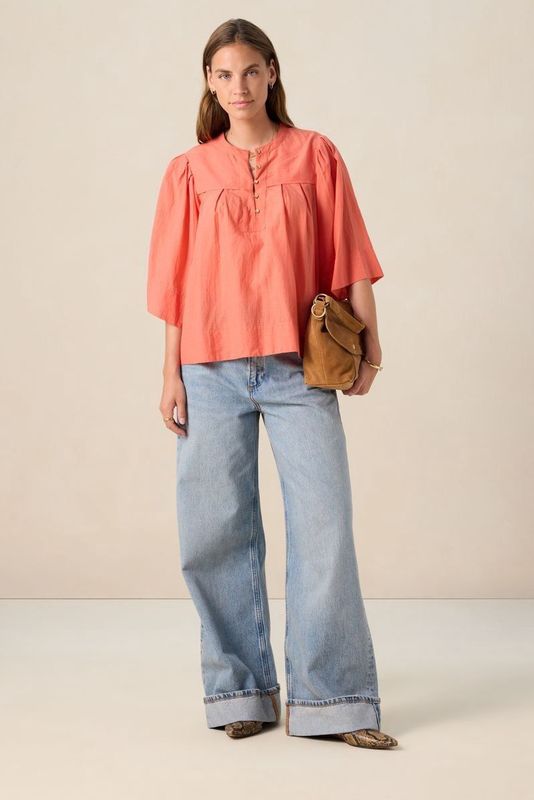 Sissy-Boy - Lichtrode Blouse - Pofmouwen - Driekwart Mouwen - Regular Fit