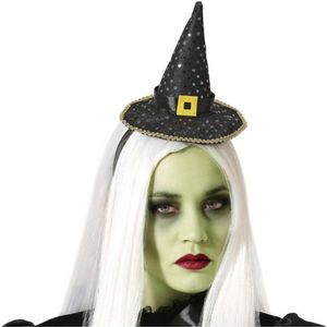 Halloween heksenhoed - mini hoedje op diadeem - one size - zwart/goud - meisjes/dames