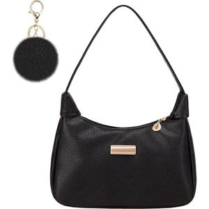 Retro zachte PU-lederen schoudertas dames met pompon-sleutelhanger en ritssluiting voor feestjes-bijeenkomsten- verjaardagen.