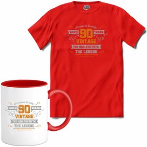 90 Jaar vintage legend - Verjaardag cadeau - Kado tip - T-Shirt met mok - Meisjes - Rood - Maat 12 jaar