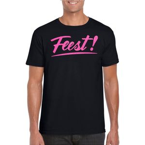 Bellatio Decorations Verkleed T-shirt voor heren - feest - zwart - roze glitter - carnaval S