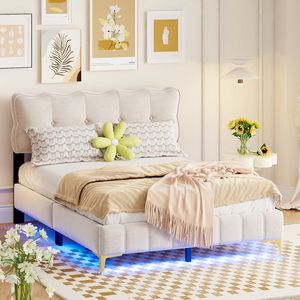 Gestoffeerd bed 140 x 200 cm - Tweepersoonsbed met LED verlichting - Jeugdbed met rugleuning en lattenbodem - fluwelen stof - hoge metalen poten - beige (matras niet inbegrepen)