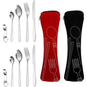 2-delige Camping Bestekset - Roestvrij Staal, Outdoor Reisbestek met Lepel, Mes, Vork en Flesopener