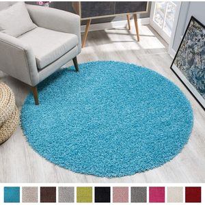 Tapijtenloods Loca Shaggy Rond Vloerkleed Turquoise Hoogpolig - 150 CM ROND