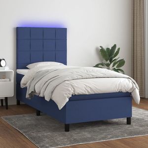 The Living Store Boxspring Bed - Blauwe Stof - 203 x 100 x 118/128 cm - Verstelbaar Hoofdbord - LED-verlichting - Pocketvering Matras - Huidvriendelijk Topmatras - Montagehandleiding Inbegrepen