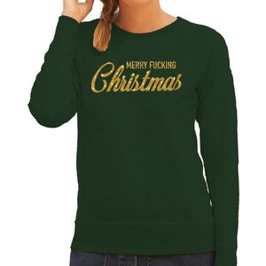 Foute Kersttrui / sweater - Merry Fucking Christmas - goud / glitter - groen - dames - kerstkleding / kerst outfit XL