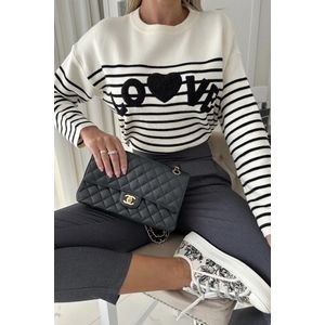 Love sweater voor dames - Wit/zwart - Trui voor vrouwen met stretch - Wijd vallende trui - Loose fit trui met zachte tekst opdruk - One-size - Een maat