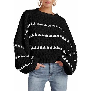 Women Plus Size Sweater Knitted Striped Long Puff Sleeve Sleeve Round Neck Autumn Trendy Knitted Sweater