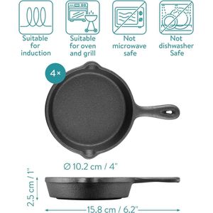 4 x gietijzeren pan klein met houten standaard - 10,2 x 2,5 cm serveerpan van gietijzer - mini braadpan - kleine pan voor oven