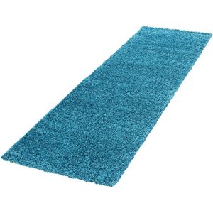 Pochon - Tapijt Life - Turquoise - 250x80x3 - Vloerkleed - Effen - Hoogpolige Vloerkleed - Rechthoekige Tapijt - Rechthoekige Vloerkleed