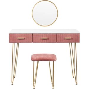 MS® - Kaptafel - Met spiegel en kruk - Ronde spiegel - Make-up tafel - Met 3 lades - Modern design - Roze - Goude details - 100 x 40 x 78 cm