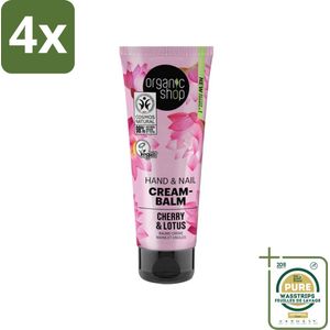 Organic Shop - Hand & Nail Cream - Cherry & Lotus - Verzorgend en Hydraterend - 75 ml - Voordeelverpakking - 4 stuks - Handverzorging - Nagels verzorgen