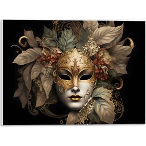PVC Schuimplaat- Venetiaanse carnavals Masker met Gouden en Beige Details tegen Zwarte Achtergrond - 40x30 cm Foto op PVC Schuimplaat