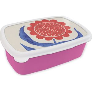 Broodtrommel Roze - Lunchbox - Brooddoos - Bloem - Plant - Rood - Blauw - 18x12x6 cm - Kinderen - Meisje