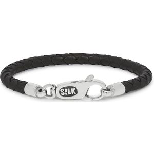 SILK Jewellery - Zilveren Armband - Roots - 830BLK.23 - zwart leer - Maat 23