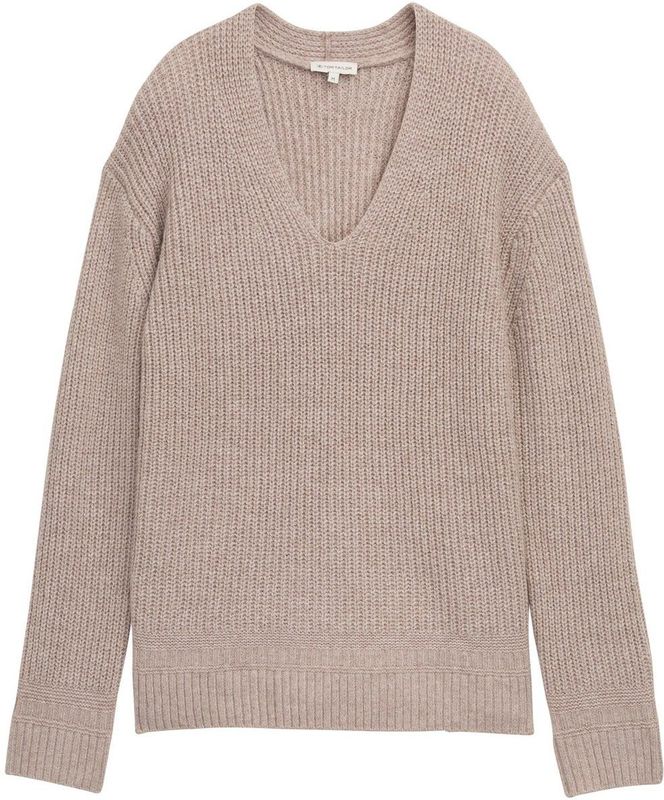 Tom Tailor - Gebreide Trui - Soft Taupe Melange - Met Ribstructuur