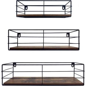 Zwevende plank set van 3 - Rustieke houten plank en zwart metaal - Voor keuken, badkamer, woonkamer en kantoor