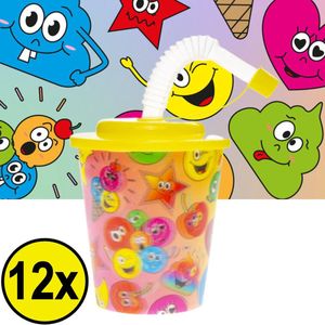 Decopatent® 12 STUKS VROLIJKE SMILEY 3D Drink Beker met Rietje en Deksel - 250ML - Smilli Plastic Bekers - Kinderfeestje - Kinderverjaardag Bekertjes - Traktatie - Uitdeelcadeaus