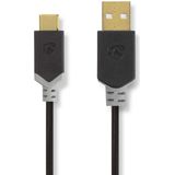 Nedis USB-Kabel - USB 2.0 - USB-A Male - USB-C Male - 60 W - 480 Mbps - Verguld - 1.00 m - Rond - PVC - Antraciet - Window Box