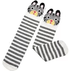 Kniekousen - 1 paar kniekousen meisjes poes grijs-wit - lange sokken - 6-12 jaar - 100% elastisch katoen - cadeau meisjes - dierenprint