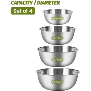 Keukenkommen set van 4 roestvrijstalen slakommen, 4 maten - 0,7 l/1,2 l/1,8 l/2,5 l, set van 4 kommen van roestvrij staal, vaatwasmachinebestendig en stapelbaar