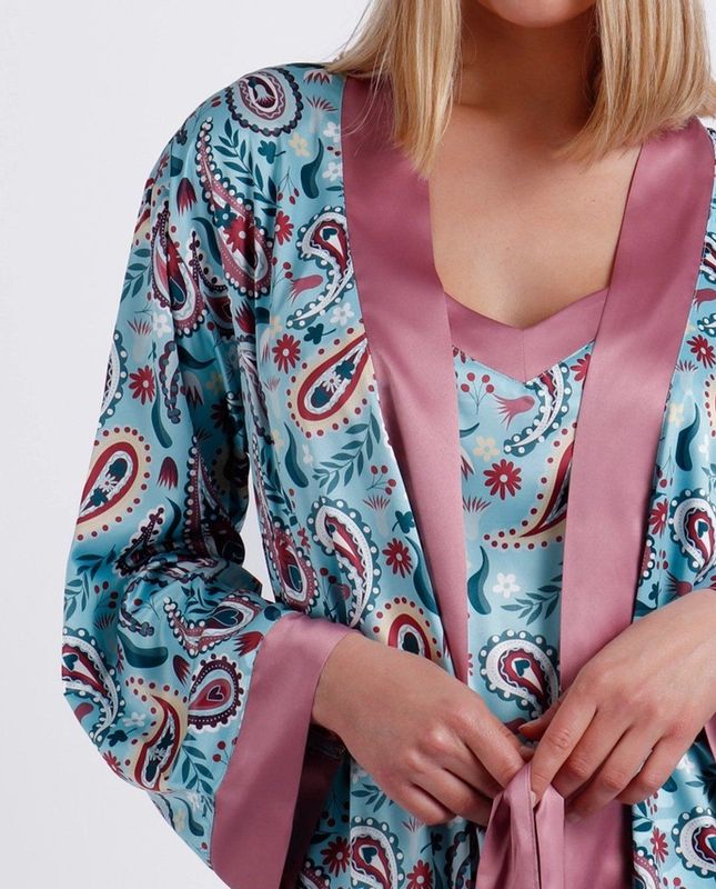 Satijnen Kamerjas - Aqua - Paisley