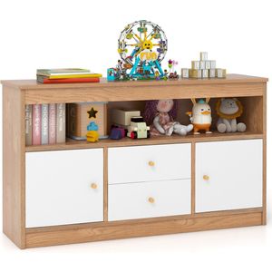 COSTWAY Speelgoedkast voor kinderen, kinderrek van hout, kinderkast met 2 laden en 2 deuren, speelgoedorganizer, opbergkast voor kinderkamer, slaapkamer, 106 x 30 x 62 cm, naturel