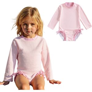Joya Kids® Badpak Lange Mouw Licht Roze met Streepjes en Roze Ruches Meisjes | Zwempak met ruches UV Badpak | Zwempak Lange Mouw UV Bescherming Streep | Meisje Bikini Zomer | Kinderbadpak Peuter | Maat 18-24 Maanden