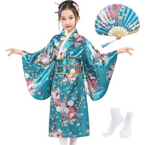 Traditionele Japanse Kimono voor Kinderen - Sakura Yukata Jurk met Tabi Sokken en Plooien Fan