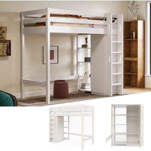 Kinderbed Hoogbed 90x200 cm, Eenpersoons Bedframe met Kledingkast en 6 Planken, Wit, Hoogwaardig Materiaal, Eenvoudig te Monteren, Stevig en Duurzaam (Zonder Matras)