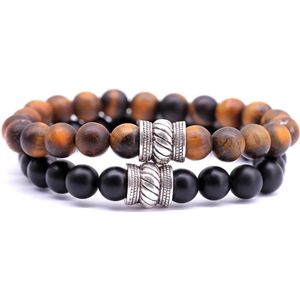 FortunaBeads - Bali Set Mat – Bruin Tijger Oog x Onyx – Heren – Armband - 18cm