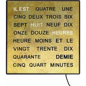 AMS T1241FR - Woordenklok Tafel / Wandklok - Frans - Digitaal - Vierkant - 3 lichtstanden - met adapter voor lichtnet - Champagne/Geel - Wit - Zwart
