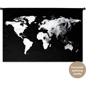 Wandkleed WereldkaartenKerst illustraties - Wereldkaart met leeuw in zwart-wit Wandkleed katoen 150x100 cm - Wandtapijt met foto