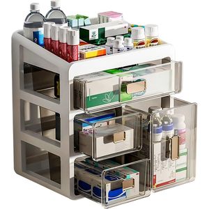 Medicijnbox – voor het opbergen van medicijnen, vitamines en supplementen – 4-laagse organiser met handgreep – kunststof opbergdoos – transparant wit