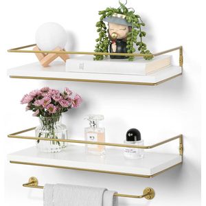 Wandrek, wit, set van 2, houten wandrek, 40 cm, zwevend rek met gouden handdoekhouder, wandrek, hangend, modern, decoratief massief wandrek voor keuken, kruidenrek, badkamer, slaapkamer en woonkamer